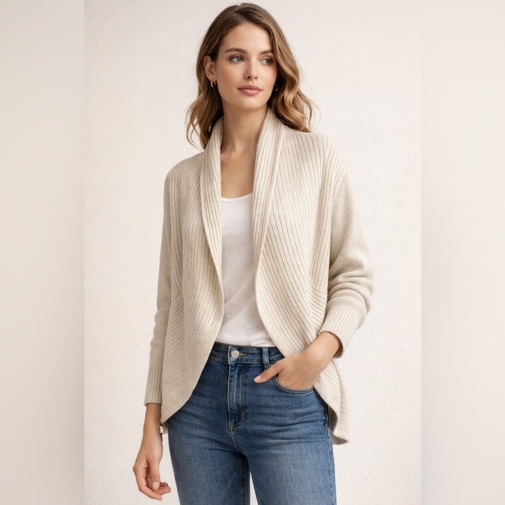 H&M Cream Knit Open Front Cardigan Sweater Size S Cozy Ribbed